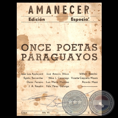 ONCE POETAS PARAGUAYOS - AMANECER  EDICIN ESPECIAL, 1972