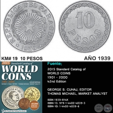 KM# 19 10 PESOS - AO 1939 - MONEDAS DE PARAGUAY