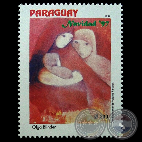 Pintura al leo de la artista OLGA BLINDER - NAVIDAD 1997 - SELLO POSTAL PARAGUAYO AO 1997