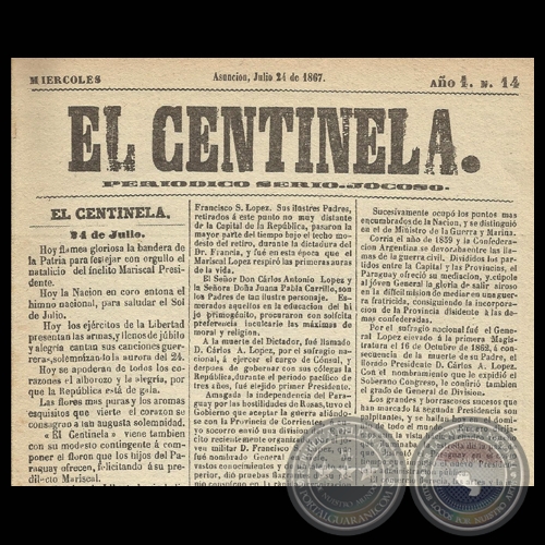 EL CENTINELA N 14 PERIDICO SERIO..JOCOSO, ASUNCIN, JULIO 24 de 1867