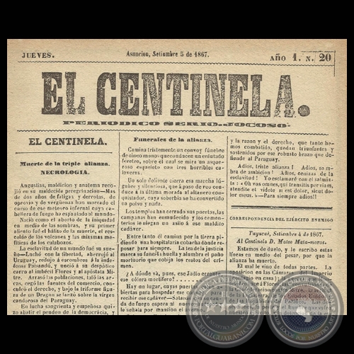 EL CENTINELA N 20 PERIDICO SERIO..JOCOSO, ASUNCIN, SETIEMBRE 5 de 1867