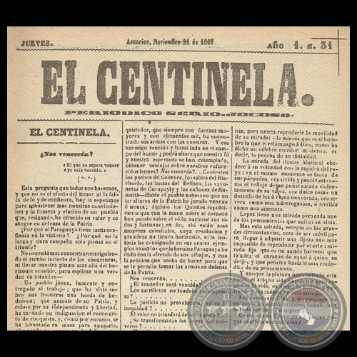 EL CENTINELA N 31 PERIDICO SERIO..JOCOSO, ASUNCIN, NOVIEMBRE 21 de 1867