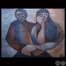 PAREJA TRISTE, 1957 - leo sobre arpillera de OLGA BLINDER