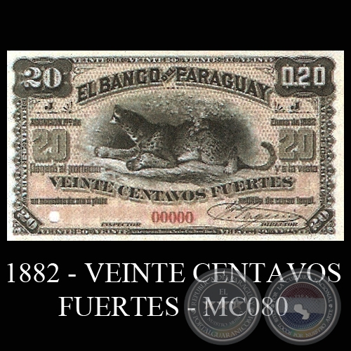 1882 - VEINTE CENTAVOS FUERTES - MC080 - FIRMAS: JOS URDAPILLETA  J.E. SAGUIER