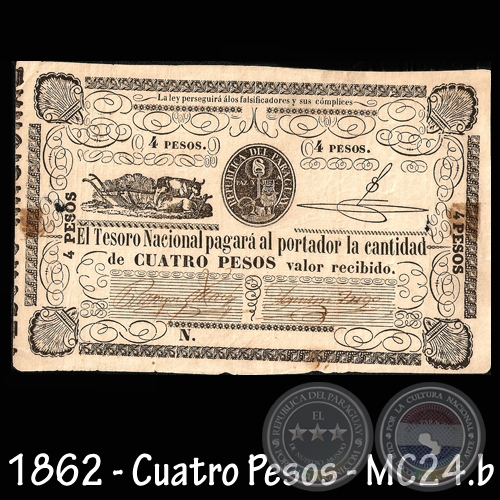 1862 - CUATRO PESOS - FIRMAS: RAMN MAZ  AGUSTN TRIGO