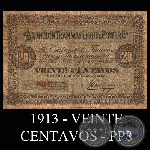 1913 - VEINTE CENTAVOS - PP8 - FIRMAS: MANUEL RODRGUEZ