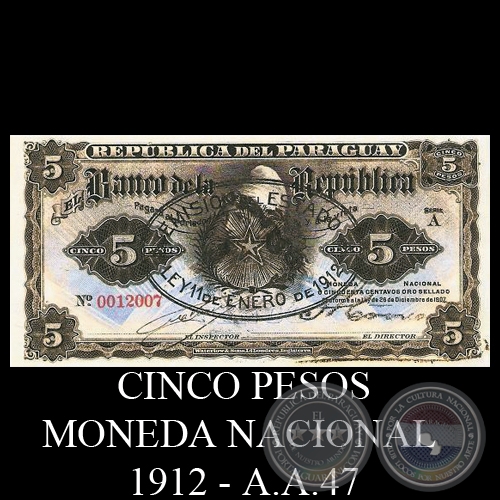 CINCO PESOS MONEDA NACIONAL - RESELLADO A.A.47 - FIRMA: M. VIVEROS - A. CROVATTO