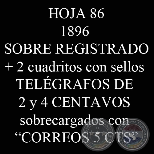 1896 - SOBRE REGISTRADO / SELLOS TELÉGRAFOS DE 2 y 4 CTS SOBRECARGADOS