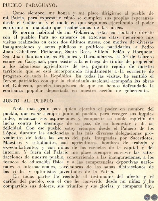 Portal Guaraní AL PUEBLO PARAGUAYO, 1962 Mensaje del Presidente