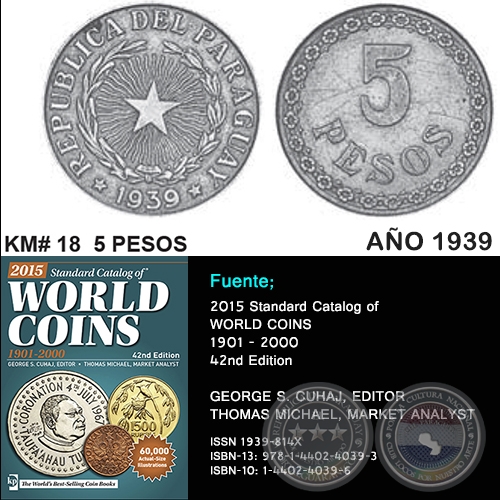 KM# 18 5 PESOS - AO 1939 - MONEDAS DE PARAGUAY