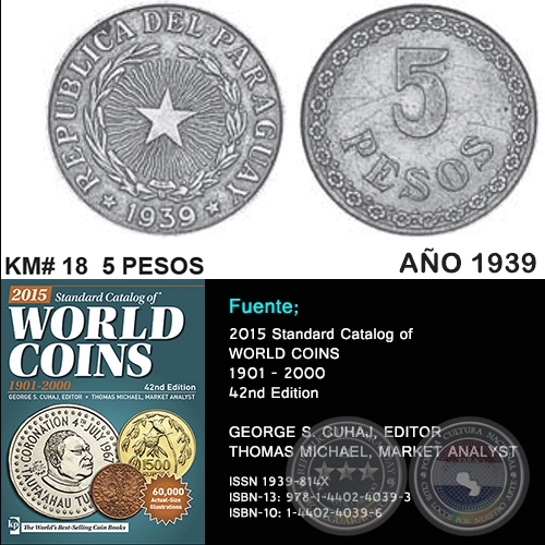 KM# 18 5 PESOS - AÑO 1939 - MONEDAS DE PARAGUAY