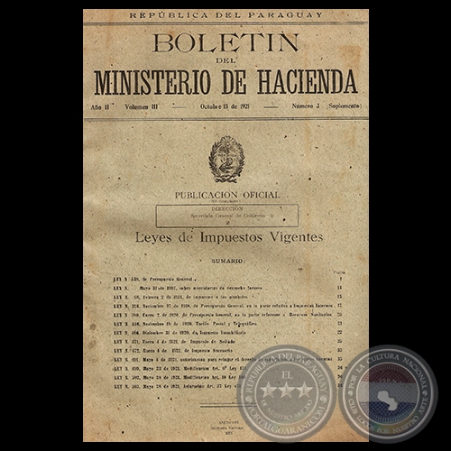 LEYES DE IMPUESTOS VIGENTES, 1921 - Presidencia de don MANUEL GONDRA