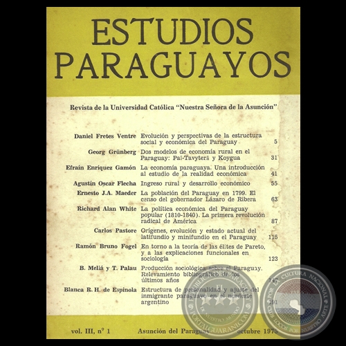 REVISTA DE ESTUDIOS PARAGUAYOS - VOL. III, N 1 - 1975 - CEADUC - Director. BARTOMEU MELIA