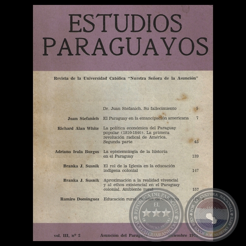 REVISTA DE ESTUDIOS PARAGUAYOS - VOL. III, N 2 - 1975 - CEADUC - Director. BARTOMEU MELIA