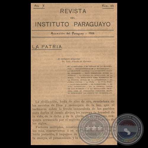 REVISTA DEL INSTITUTO PARAGUAYO - N 60 - AO VI, 1908 - Director: BELISARIO RIVAROLA