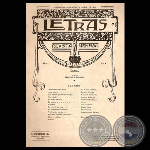 LETRAS. REVISTA MENSUAL, 1916 - AÑO Nº I – Nº 4 - Director: MANUEL RIQUELME 