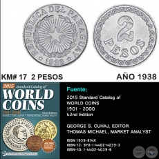 KM# 17 2 PESOS - AO 1938 - MONEDAS DE PARAGUAY