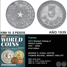 KM# 18 5 PESOS - AO 1939 - MONEDAS DE PARAGUAY