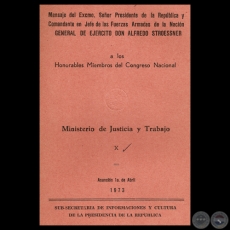 MINISTERIO DE JUSTICIA Y TRABAJO, 1973 - Mensaje de ALFREDO STROESSNER