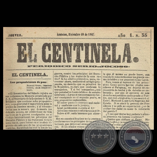 EL CENTINELA Nº 35 PERIÓDICO SERIO..JOCOSO, ASUNCIÓN, DICIEMBRE 19 de 1867