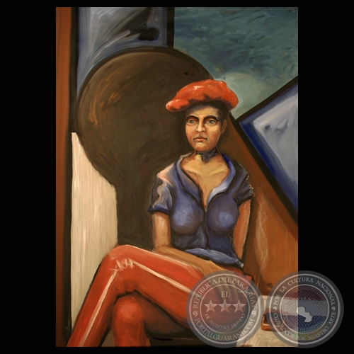 MUJER CON SOMBRERO ROJO (Óleo de FEDERICO VERA)