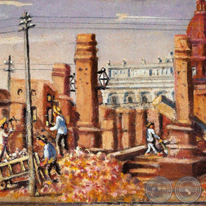 OBREROS REPARANDO EDIFICIO DERRUIDO - Obra de IGNACIO NÚÑEZ SOLER