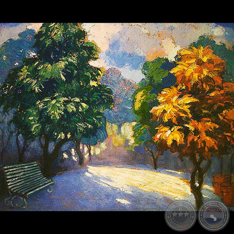 BANCO EN LA PLAZA - Óleo de JAIME BESTARD