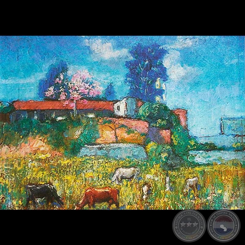 ANIMALES DOMÉSTICOS FRENTE A LA CASA - Óleo de JAIME BESTARD