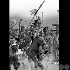 INDIOS GUAYCURÚES INVADIENDO ASUNCIÓN - Ilustración de ROBERTO GOIRIZ