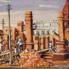 OBREROS REPARANDO EDIFICIO DERRUIDO - Obra de IGNACIO NÚÑEZ SOLER