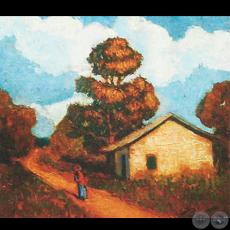 MUJER EN EL CAMINO Y EL RANCHO - Óleo de JAIME BESTARD