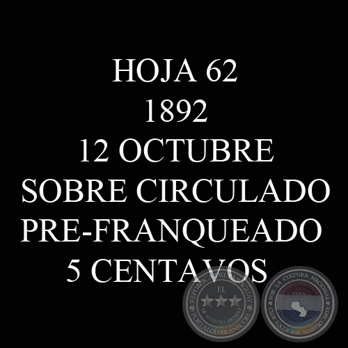 1892 -12 OCTUBRE – SOBRE CIRCULADO PRE-FRANQUEADO 5 CENTAVOS 