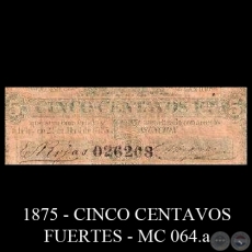 1875 - CINCO CENTAVOS FUERTES - MC064.b - FIRMAS: ESTEBAN ROJAS - C. VÁZQUEZ