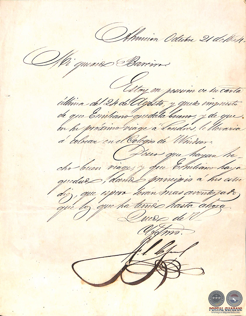Portal Guaraní - CARTA DE FRANCISCO SOLANO LÓPEZ A CÁNDIDO BAREIRO, OCTUBRE  1864 - FRANCISCO SOLANO LÓPEZ (+)